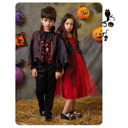 Vampire Costume for Girls Halloween Princess Party Dress Kids Cosplay Dresses Children Stand Collar Tulle Lace Black Red Clothes - PST PS Tradings