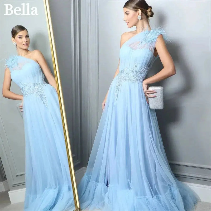 Bella Light Blue One Shoulder Prom Dresses Feathers A-line Vestidos De Fiesta Sleeveless Lace Embroidery Tulle Party Dress 2024 - Property & Safety Tradings