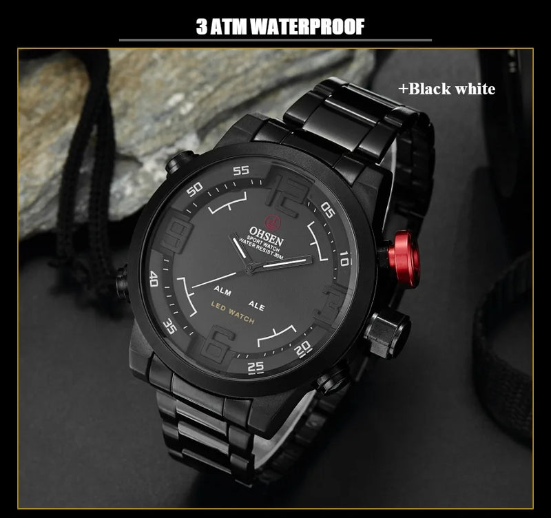 Fashion Sport Watch Men Digital Quartz LED Steel Strap Man Dual Time Watch 3ATM Waterproof Military Wristwatches Relogios - Property & Safety Tradings