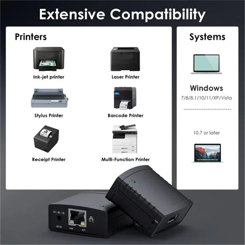 USB 2.0 Port LPR Printer Server MFT Print With 10/100Mbps Ethernet Port Sharing a LAN Networking Printer Adapter