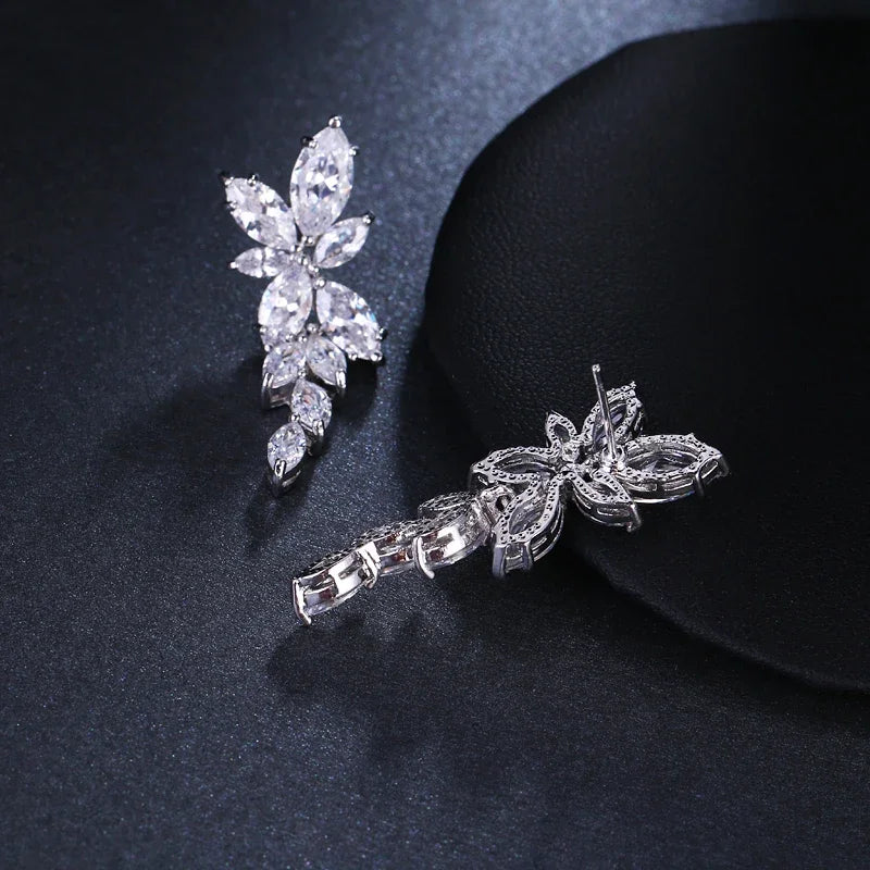 LXOEN Marquise Cut Flower Zirconia Crystal Long Drop Earrings for Women Shiny Leaf CZ Stone Bridal Wedding Jewelry - PST PS Tradings