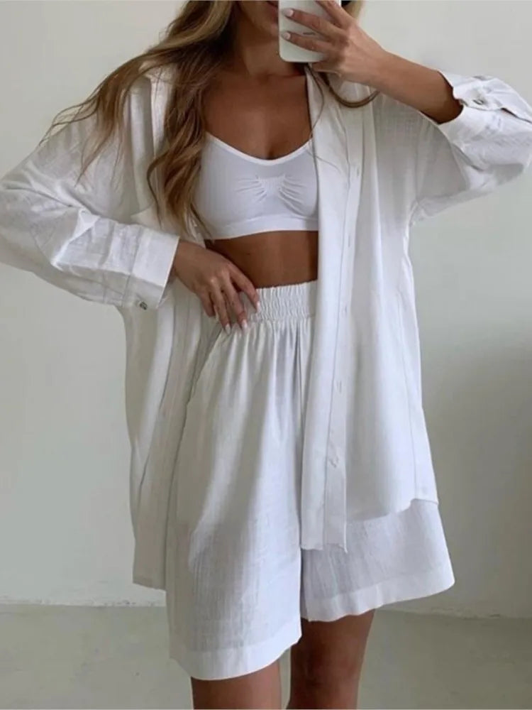 Spring Fashion Casual Short Set Women Tracksuit Wear Loose Long Shirt Top And High Waist Shorts Two Piece Sets Summer Outfits - Property & Safety Tradings