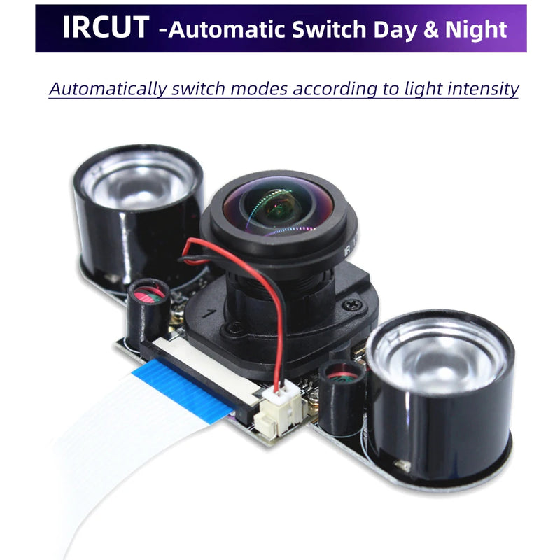 Raspberry Pi 175° IR-CUT Camera Night Vision Focal Adjustable 5MP Fish Eye Auto Switch Day Night for Raspberry Pi 5 4B 3B+ Zero