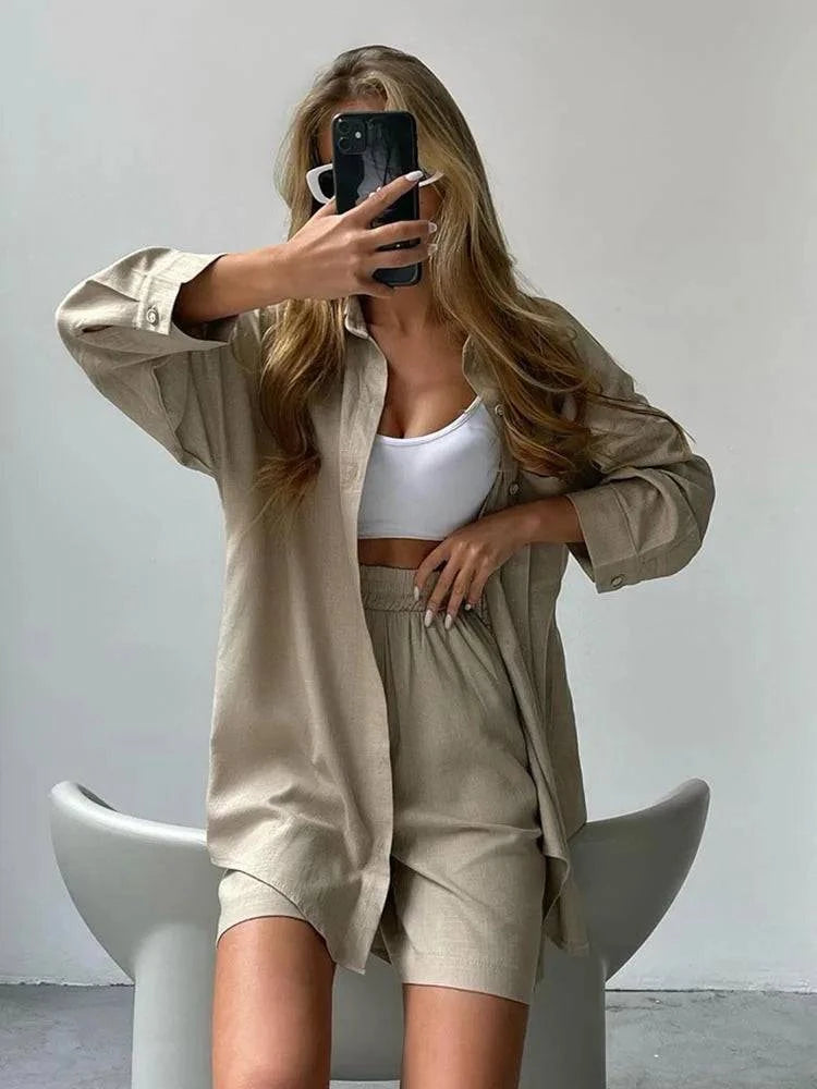 Summer Women's Suit Solid Cotton Casual Shorts and Shirts 2 Piece Sets Womens Outfits Linen Fashion Blouse Women's Suit 2025 - Property & Safety Tradings