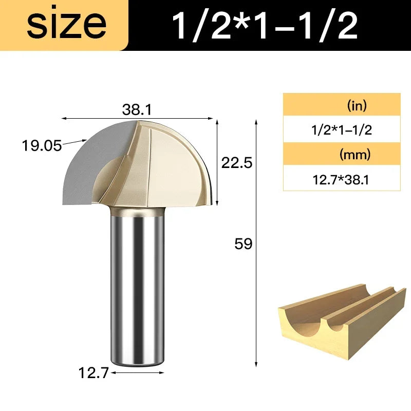 Core Box Round Cove Nose Bit Tungsten Carbide CNC Woodworking Groove Tools Router Bits for Wood 1/2 1/4 Shank Milling Cutter