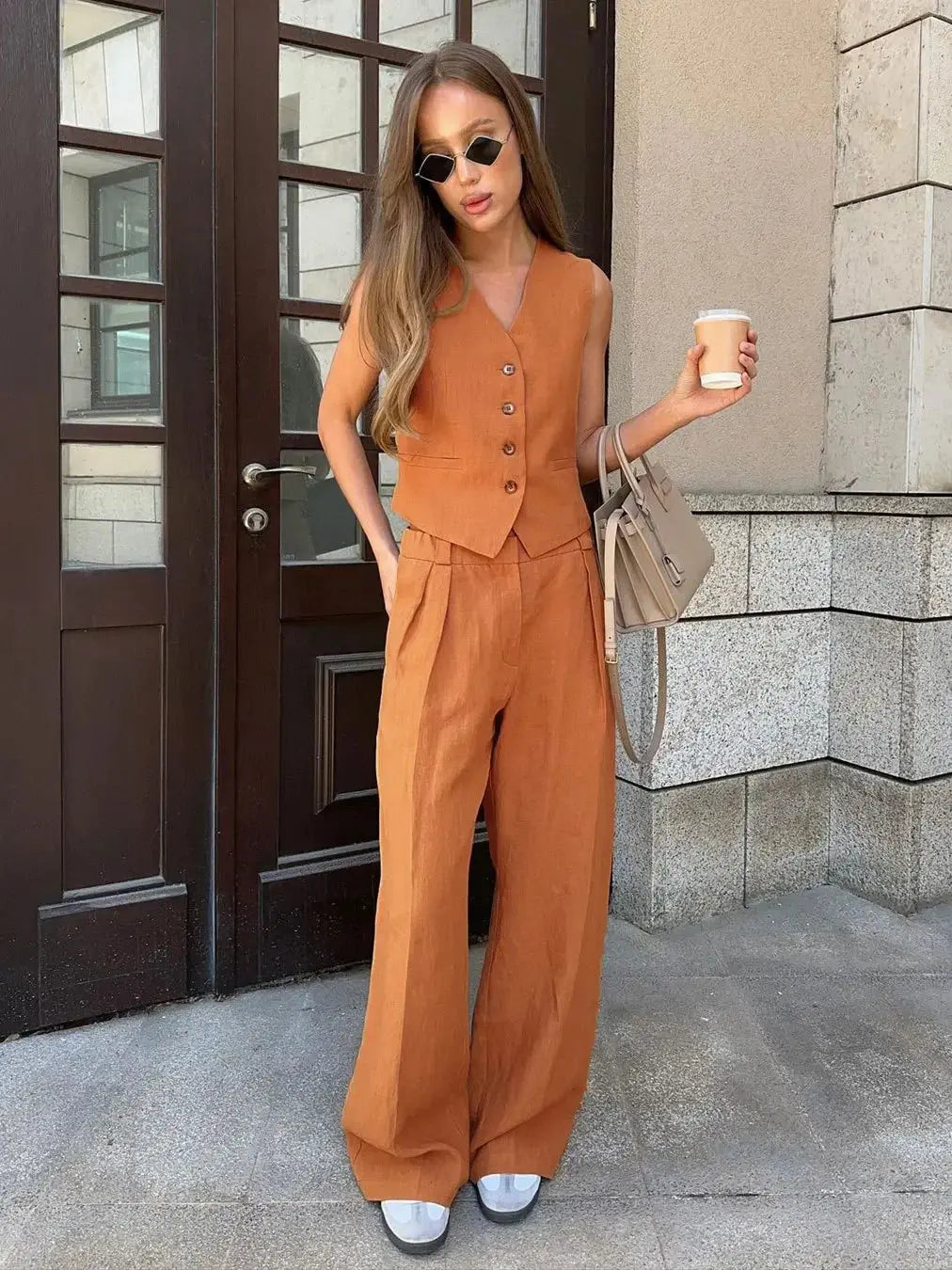 Wolfeel Womem Linen Cotton Chic Vest ＆ Pants Suit Two-Piece Set Office Ladies Summer Chic 2 Piece Sets Womens Outfits - Property & Safety Tradings