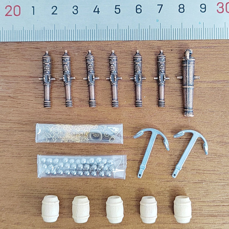 Scale 1/100 Halcon model Ship Accessories kit Classical cannon+Alloy anchor+Brass Anchor chain+ Cannonball+wooden barrel