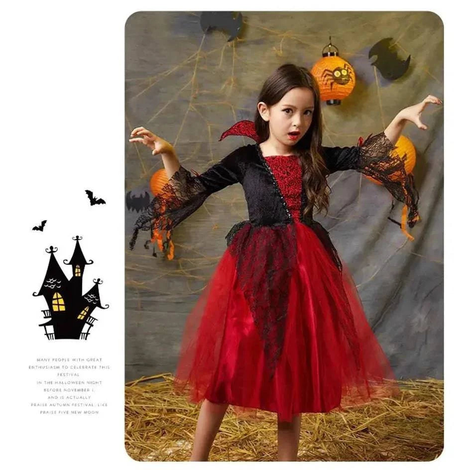 Vampire Costume for Girls Halloween Princess Party Dress Kids Cosplay Dresses Children Stand Collar Tulle Lace Black Red Clothes - Property & Safety Tradings