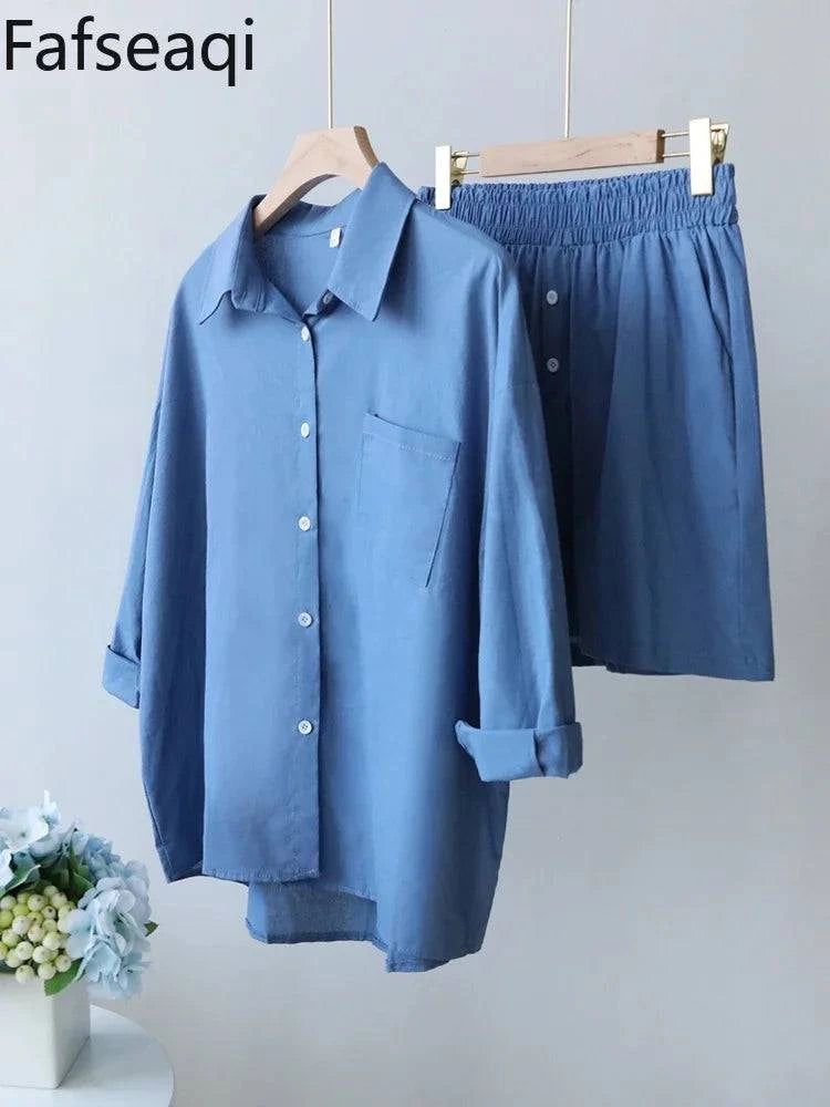 2024 Summer Casual Cotton Linen Suits with Shorts for Women Shirt and Shorts Set Outfit Long Sleeve Ankle-Length Pants Tracksuit - Property & Safety Tradings