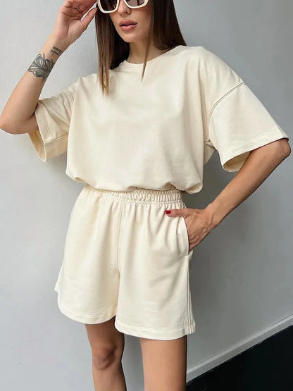 Women's Summer Suit with Shorts Cotton Side Split Oversized Two-piece Top and Shorts Set Loose Casual Suit for Women Outfit - Property & Safety Tradings