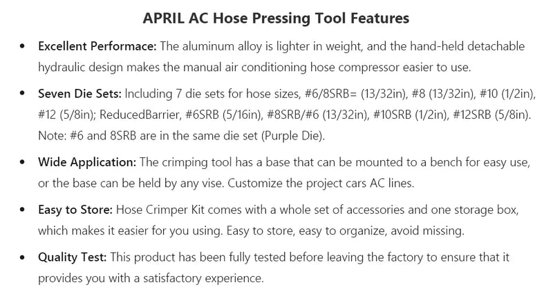 Hydraulic Hose Crimper Hydra-Krimp 71500 Manual A/C Hose Crimper Kit Air Conditioning Repaire Handheld Hydraulic Crimping Tool