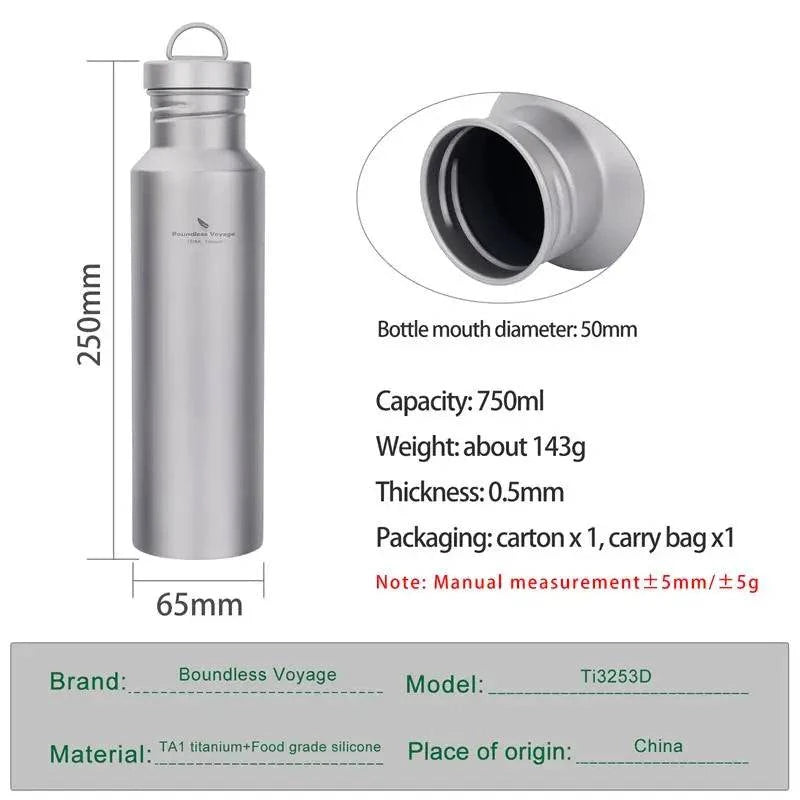 Boundless Voyage Titanium Water Bottle with Titanium Lid Outdoor Camping Cycling Hiking Tableware Drinkware 25.6oz/750ml - Property & Safety Tradings