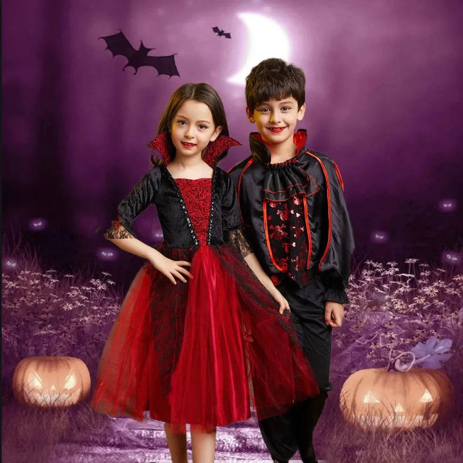 Vampire Costume for Girls Halloween Princess Party Dress Kids Cosplay Dresses Children Stand Collar Tulle Lace Black Red Clothes - Property & Safety Tradings