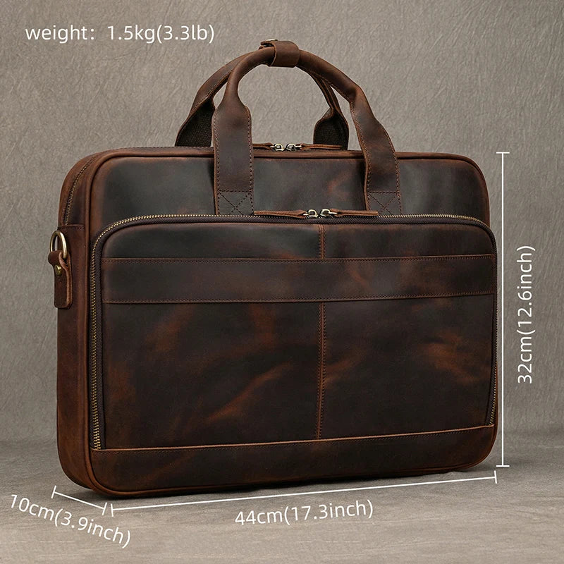 Crazy Horse Genuine Leather Men Briefcase Vintage 16 inch Big Business Laptop Handbag Large Cowhide Messenger Shoulder Bag Man