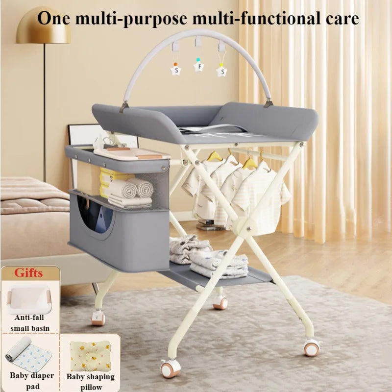 One-click Folding Multifunctional Diaper Changing Table with Toy Rack Storage Basket Height Adjustable Mobile Baby Care Table - PST PS Tradings