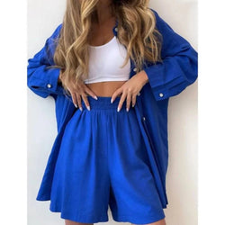 Summer Women's Suit Solid Cotton Casual Shorts and Shirts 2 Piece Sets Womens Outfits Linen Fashion Blouse Women's Suit 2025 - Property & Safety Tradings