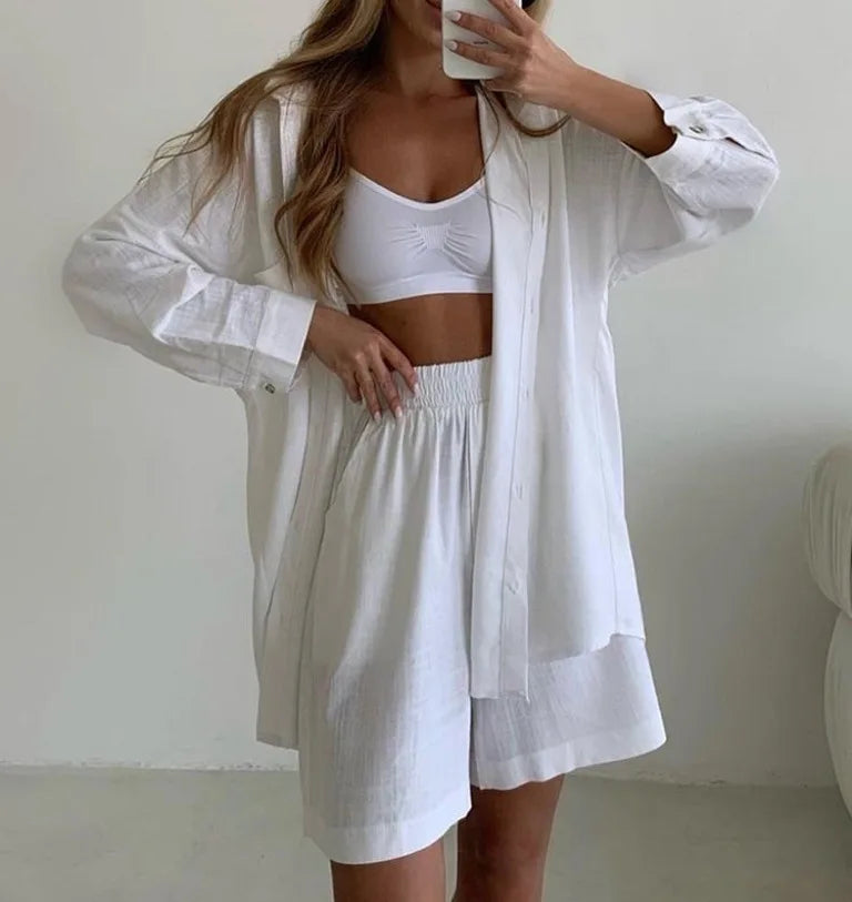 Spring Fashion Casual Short Set Women Tracksuit Wear Loose Long Shirt Top And High Waist Shorts Two Piece Sets Summer Outfits - Property & Safety Tradings