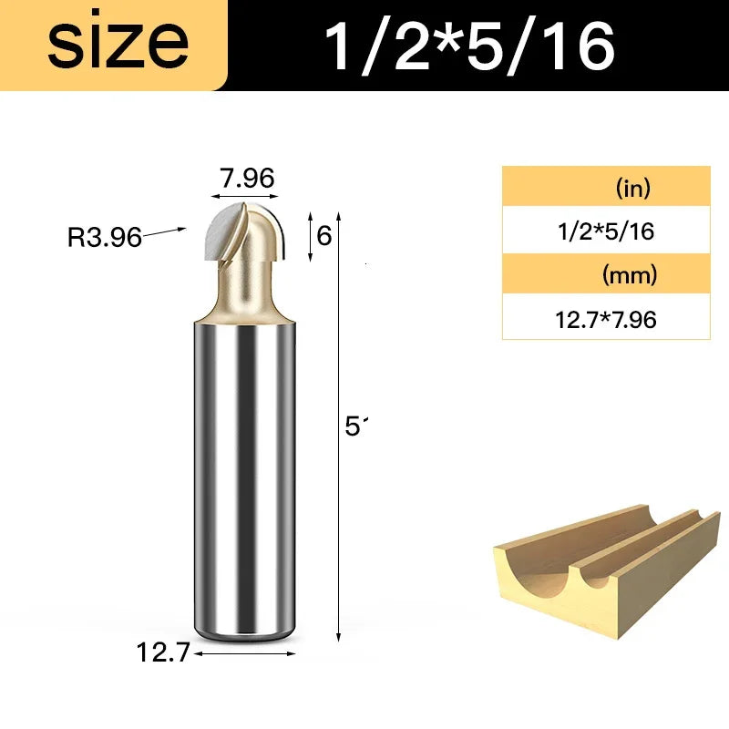 Core Box Round Cove Nose Bit Tungsten Carbide CNC Woodworking Groove Tools Router Bits for Wood 1/2 1/4 Shank Milling Cutter