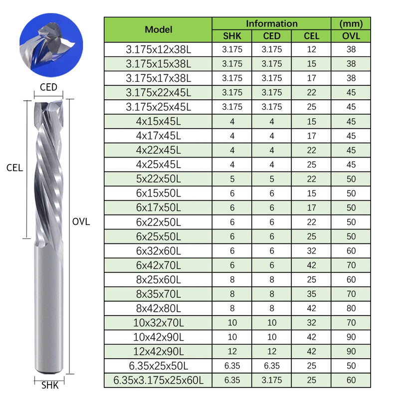 1Pcs UP & DOWN Cut Two Flutes Spiral Carbide Mill Tool Cutters for CNC Router, Compression Wood End Mill Cutter Bits