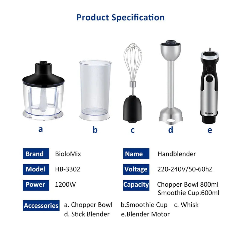 BioloMix 1200W 5-in-1 Immersion Hand Stick Blender Mixer Vegetable Meat Grinder 800ml Chopper Whisk 600ml Smoothie Cup - Property & Safety Tradings