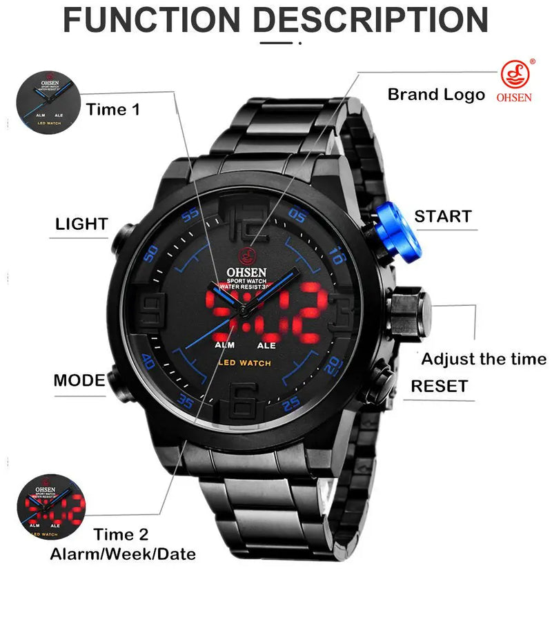 Fashion Sport Watch Men Digital Quartz LED Steel Strap Man Dual Time Watch 3ATM Waterproof Military Wristwatches Relogios - Property & Safety Tradings