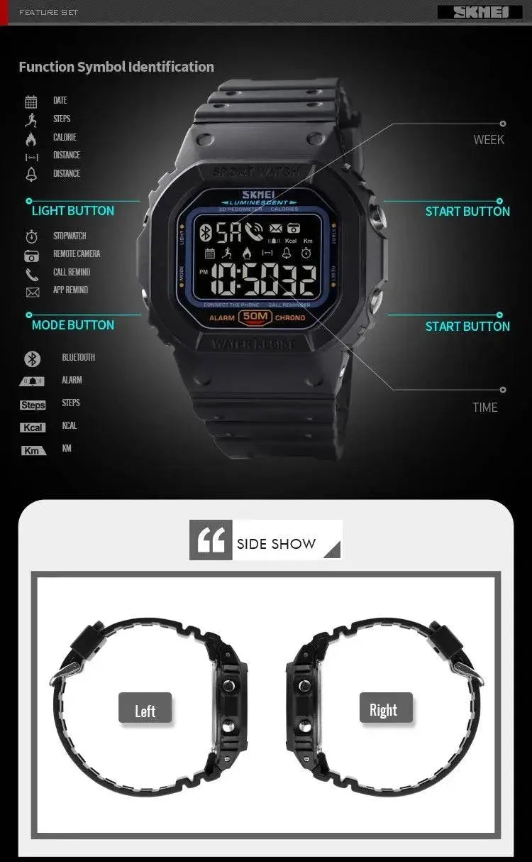 SKMEI 1629 Sports Digital Men Watch Military Pedometer Calorie Tracker Bluetooth Waterproof Mens Wristwatches Reloj Masculino - PST PS Tradings