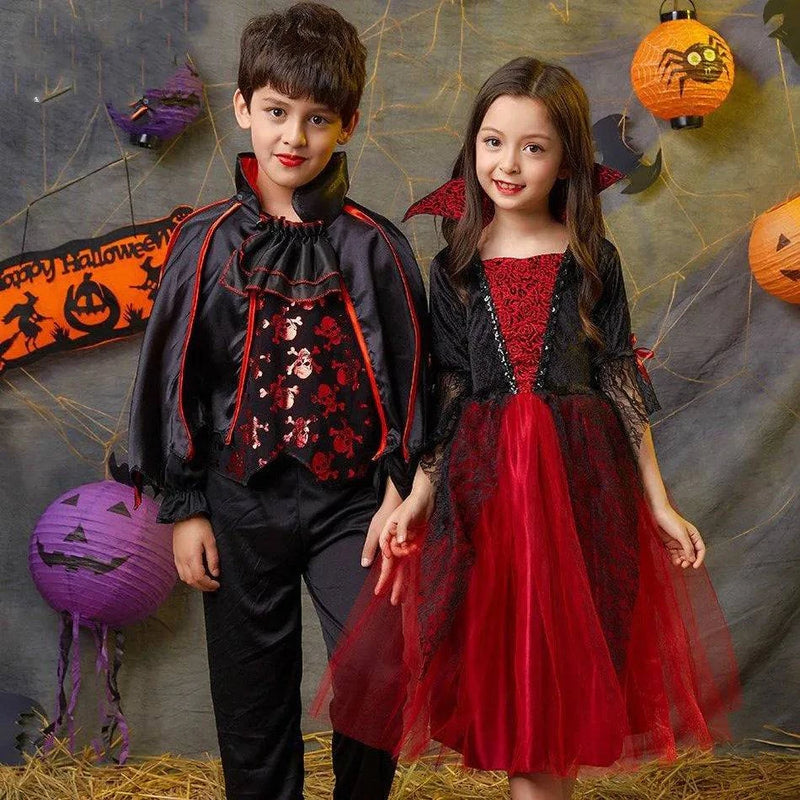 Vampire Costume for Girls Halloween Princess Party Dress Kids Cosplay Dresses Children Stand Collar Tulle Lace Black Red Clothes - Property & Safety Tradings