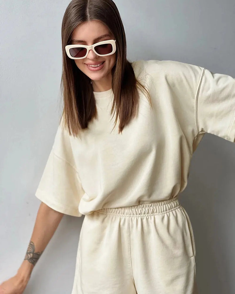 Women's Summer Suit with Shorts Cotton Side Split Oversized Two-piece Top and Shorts Set Loose Casual Suit for Women Outfit - Property & Safety Tradings