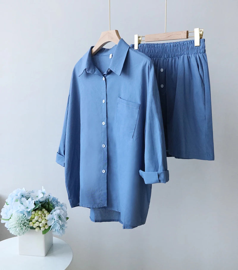 2024 Summer Casual Cotton Linen Suits with Shorts for Women Shirt and Shorts Set Outfit Long Sleeve Ankle-Length Pants Tracksuit - Property & Safety Tradings