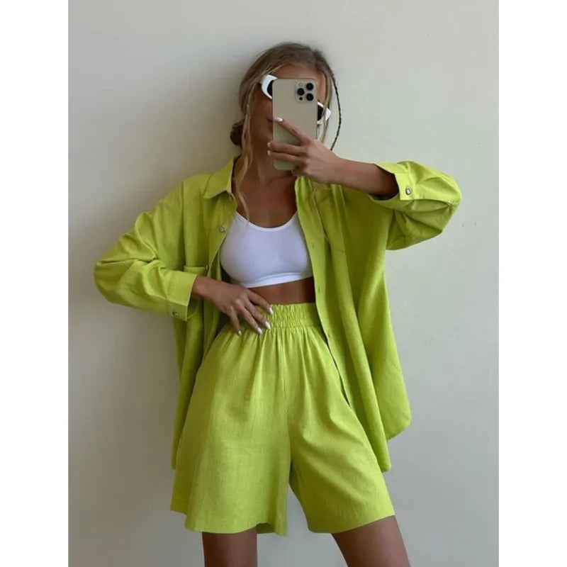 Summer Women's Suit Solid Cotton Casual Shorts and Shirts 2 Piece Sets Womens Outfits Linen Fashion Blouse Women's Suit 2025 - Property & Safety Tradings