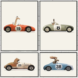 Funny Cartoon Animals Car Art Nursery Wall Poster Print Giraffe Bear Rabbit Children Kid Room Canvas Painting Home Decor Picture - Property & Safety Tradings