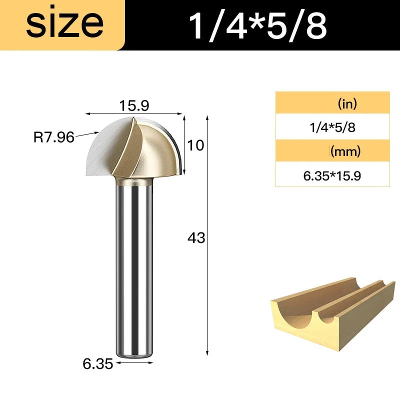 Core Box Round Cove Nose Bit Tungsten Carbide CNC Woodworking Groove Tools Router Bits for Wood 1/2 1/4 Shank Milling Cutter