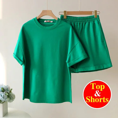 Summer Women's Tracksuit Suit Shorts With T-shirt Two Piece Set Top Loose Oversize Cotton Green Women Classic Casual Sportswear - Property & Safety Tradings