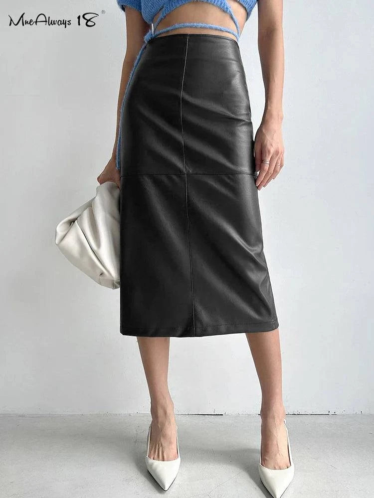 Mnealways18 Elegant Pu Khaki Skirts Womens High Waist Straight Faux Leather Long Skirts Autumn Office Ladies Zipper Skirts 2024 - Property & Safety Tradings