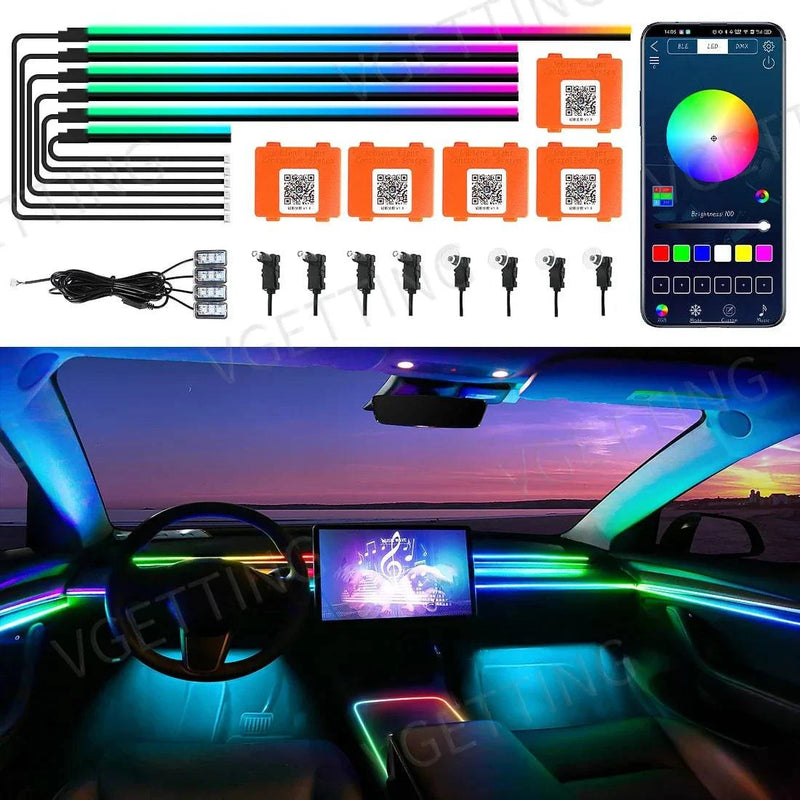 Vgetting 18 in 1 Car Ambient Lights Symphony LED Interior Acrylic Strips Atmosphere Light Button APP Control RGB 64 Colors 12V - Property & Safety Tradings