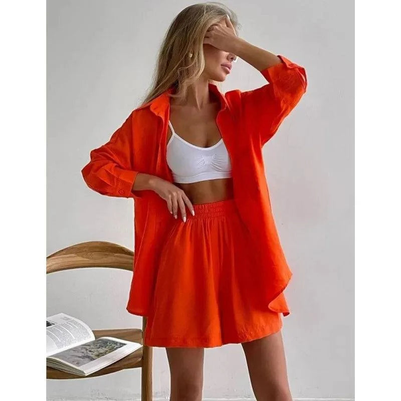 Summer Women's Suit Solid Cotton Casual Shorts and Shirts 2 Piece Sets Womens Outfits Linen Fashion Blouse Women's Suit 2025 - Property & Safety Tradings