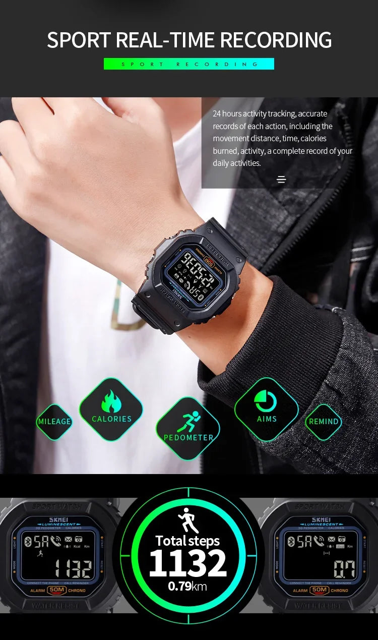 SKMEI 1629 Sports Digital Men Watch Military Pedometer Calorie Tracker Bluetooth Waterproof Mens Wristwatches Reloj Masculino - PST PS Tradings