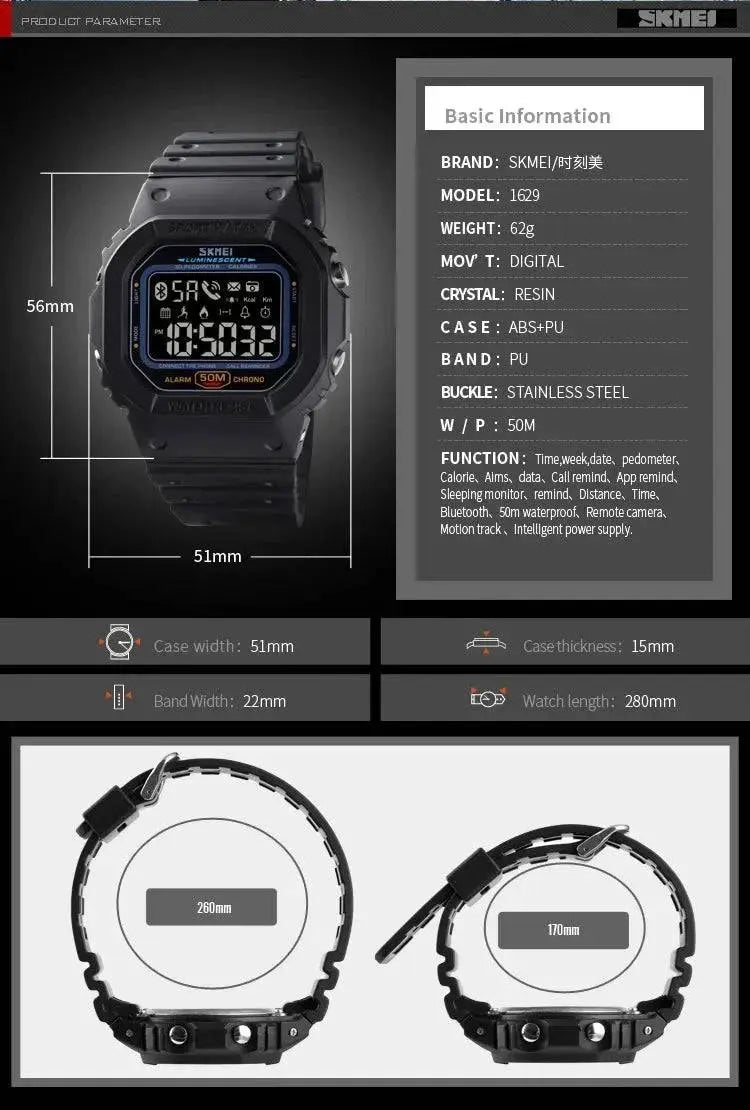 SKMEI 1629 Sports Digital Men Watch Military Pedometer Calorie Tracker Bluetooth Waterproof Mens Wristwatches Reloj Masculino - PST PS Tradings