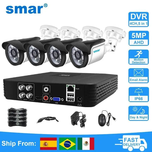 Smar 5MP 1080P Full HD Security Camera System 4 Channel DVR Recorder 4pcs Outdoor Indoor AHD Kit Stree Video Surveillance Set - Property & Safety Tradings