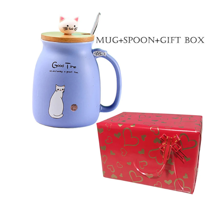 Creative color cat heat-resistant Mug cartoon with lid 450ml cup kitten coffee ceramic mugs children cup office Drinkware gift - PST PS Tradings