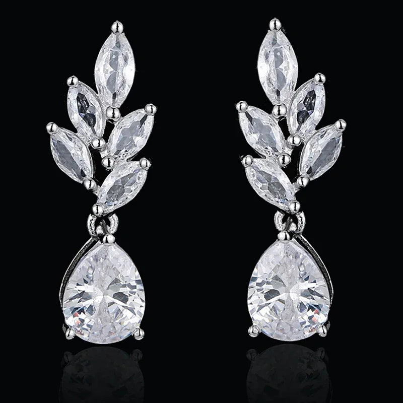 LXOEN Marquise Cut Flower Zirconia Crystal Long Drop Earrings for Women Shiny Leaf CZ Stone Bridal Wedding Jewelry - PST PS Tradings