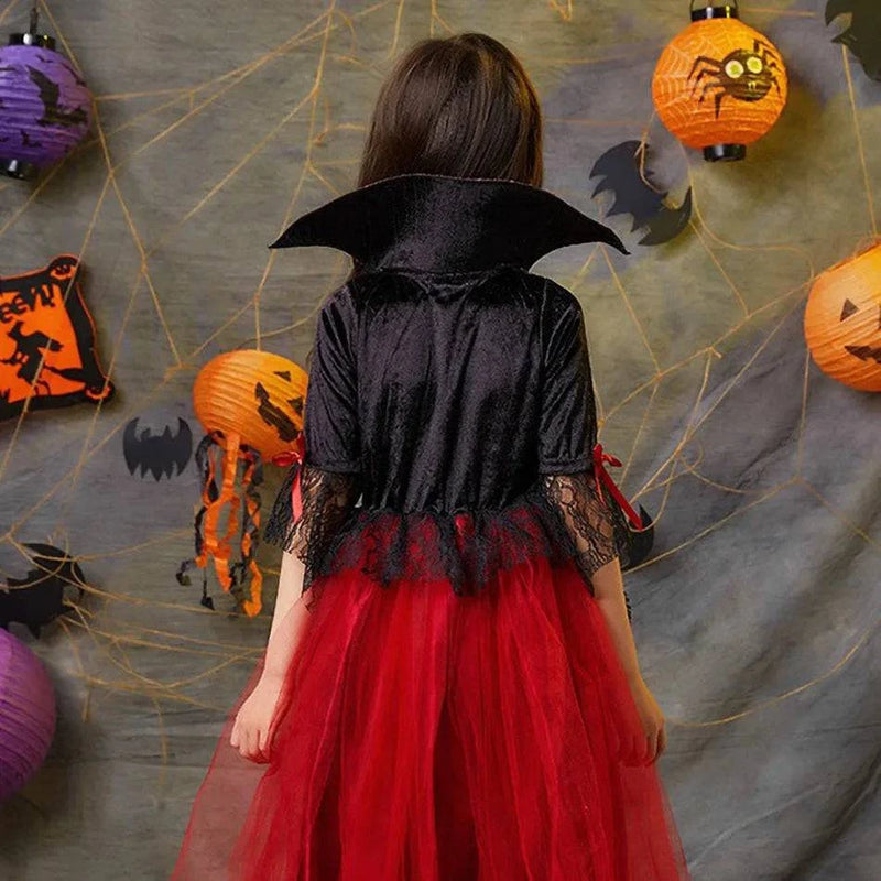 Vampire Costume for Girls Halloween Princess Party Dress Kids Cosplay Dresses Children Stand Collar Tulle Lace Black Red Clothes - PST PS Tradings