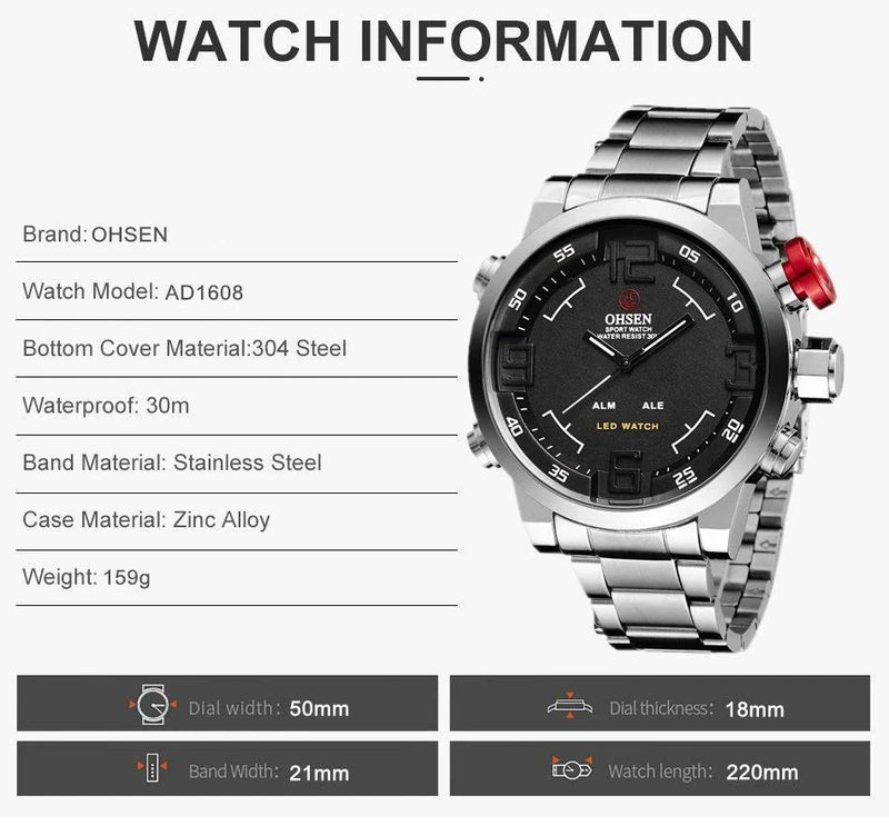 Fashion Sport Watch Men Digital Quartz LED Steel Strap Man Dual Time Watch 3ATM Waterproof Military Wristwatches Relogios - Property & Safety Tradings