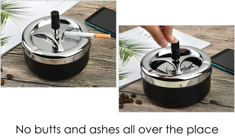 Round Push Down Spinning Metal Ashtray with Cigarette Cigar Smoking Smoke Ash Tray - Black - PST PS Tradings