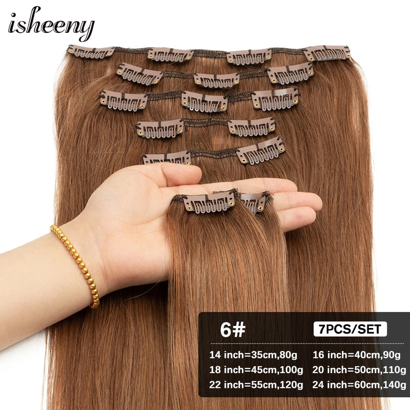 Isheeny 14"-24" Clip In Human Hair Extensions Brazilian Remy Natural Clip Human Hair Extension Real Natural Clip On 80G-140G - PST PS Tradings