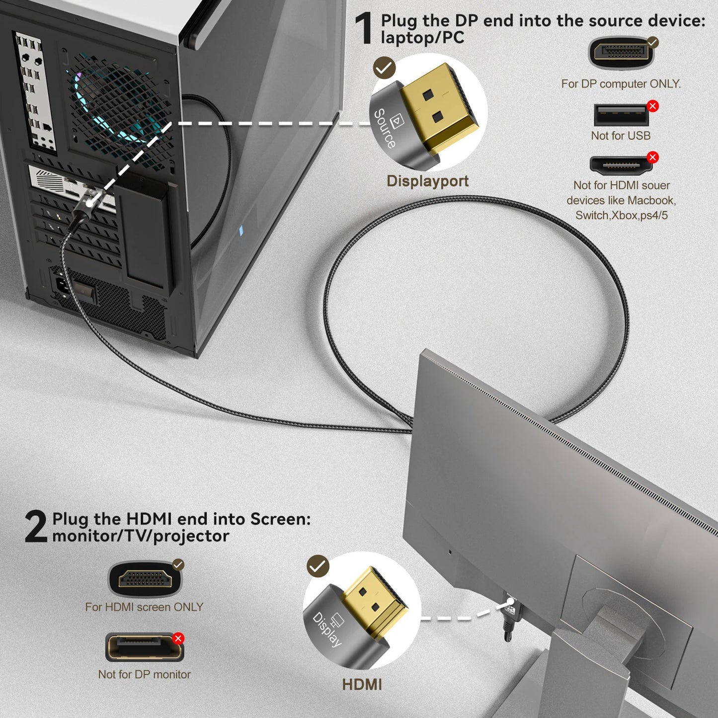 8k dp zu hdmi 2,1 kabel audio video konverter uni direktion aler adapter 8k @ 60hz 4k @ 120hz für hdtv projektor laptop monitor