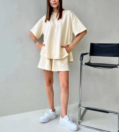 Women's Summer Suit with Shorts Cotton Side Split Oversized Two-piece Top and Shorts Set Loose Casual Suit for Women Outfit - Property & Safety Tradings