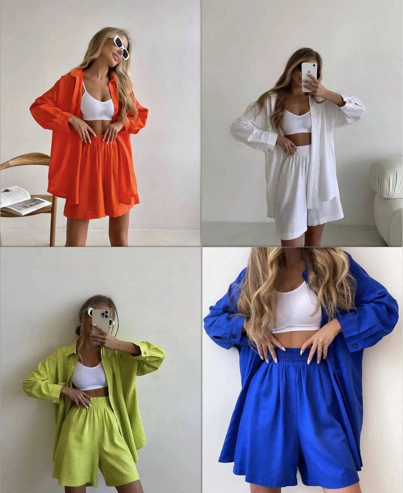 Summer Women's Suit Solid Cotton Casual Shorts and Shirts 2 Piece Sets Womens Outfits Linen Fashion Blouse Women's Suit 2025 - Property & Safety Tradings