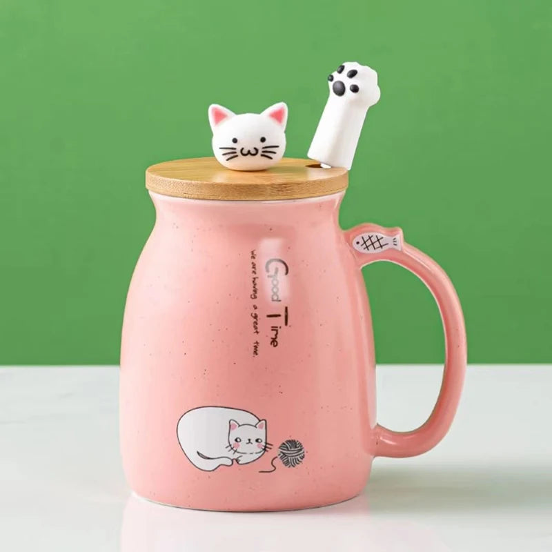 Creative color cat heat-resistant Mug cartoon with lid 450ml cup kitten coffee ceramic mugs children cup office Drinkware gift - PST PS Tradings