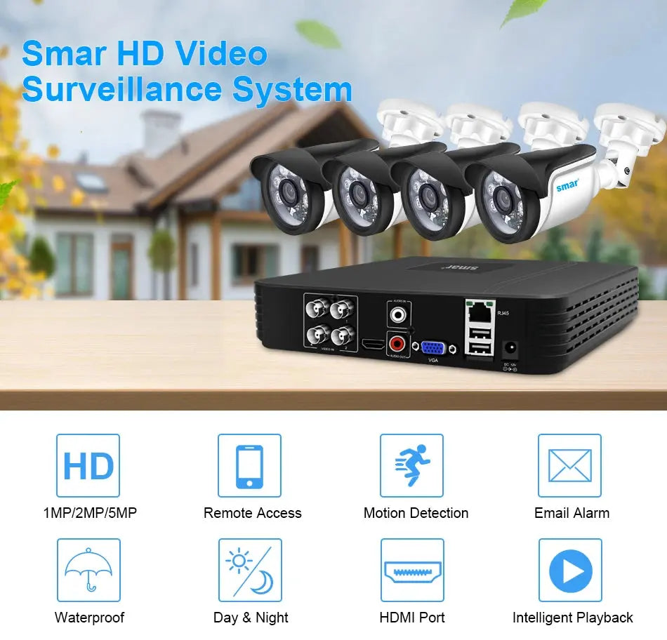 Smar 5MP 1080P Full HD Security Camera System 4 Channel DVR Recorder 4pcs Outdoor Indoor AHD Kit Stree Video Surveillance Set - Property & Safety Tradings